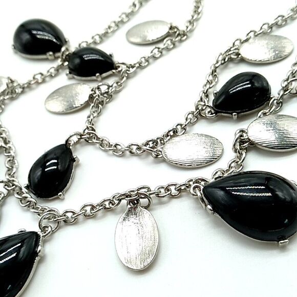 Synthetic Black Cabochon & Silver-tone Double Strand Necklace 16-19" NWOT - Picture 4 of 12